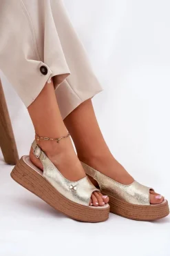 Skórzane Sandały Damskie Na Koturnie Vinceza 41476 Złote