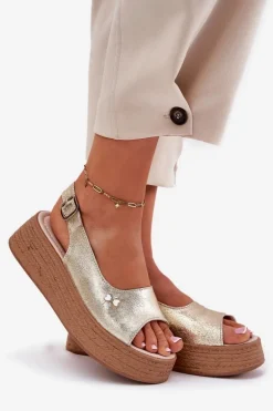 Skórzane Sandały Damskie Na Koturnie Vinceza 41476 Złote