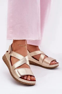 Skórzane Sandały Damskie Na Rzep Maciejka L6848-25 Złote