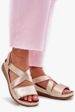 Skórzane Sandały Damskie Na Rzep Maciejka L6848-25 Złote