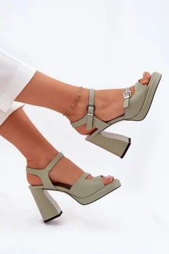 Skórzane Sandały Damskie Na Słupku Vinceza 77110 Zielone