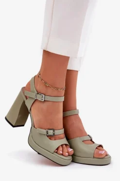 Skórzane Sandały Damskie Na Słupku Vinceza 77110 Zielone