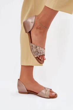 Skórzane Sandały Damskie Na Płaskim Obcasie Maciejka 06947-25 Złote