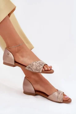 Skórzane Sandały Damskie Na Płaskim Obcasie Maciejka 06947-25 Złote