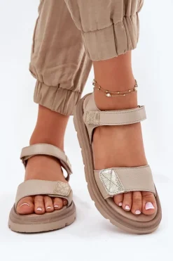 Skórzane Sandały Damskie Na Platformie Zazoo 40443 Beżowe
