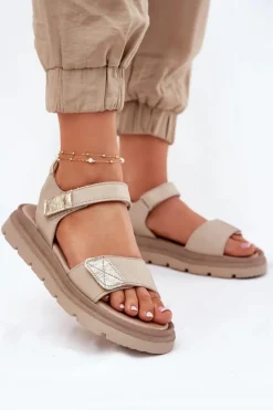 Skórzane Sandały Damskie Na Platformie Zazoo 40443 Beżowe