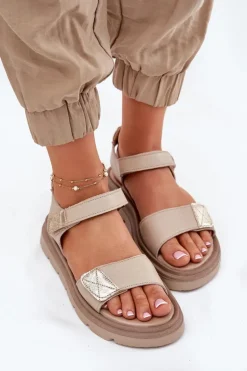 Skórzane Sandały Damskie Na Platformie Zazoo 40443 Beżowe