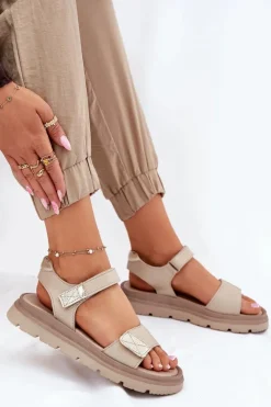 Skórzane Sandały Damskie Na Platformie Zazoo 40443 Beżowe