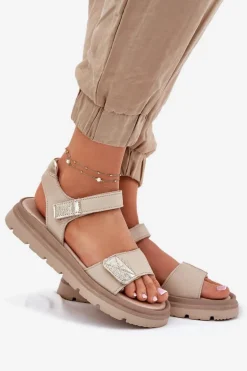 Skórzane Sandały Damskie Na Platformie Zazoo 40443 Beżowe