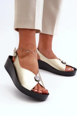 Skórzane Sandały Damskie Na Koturnie I Platformie S.Barski KV51-020 Złote