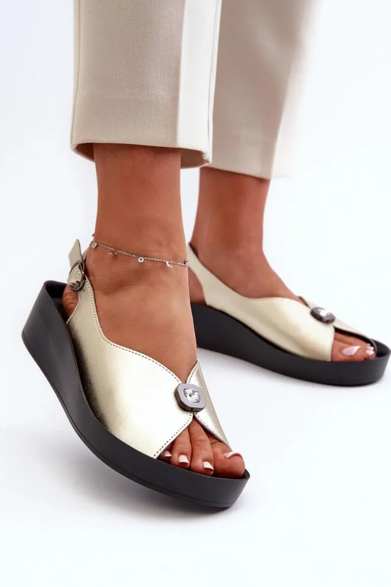 Skórzane Sandały Damskie Na Koturnie I Platformie S.Barski KV51-020 Złote