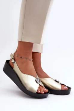 Skórzane Sandały Damskie Na Koturnie I Platformie S.Barski KV51-020 Złote