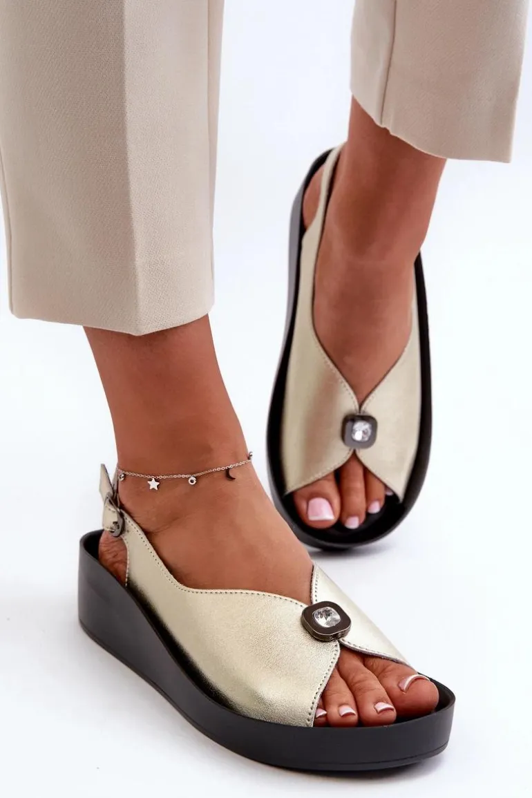 Skórzane Sandały Damskie Na Koturnie I Platformie S.Barski KV51-020 Złote