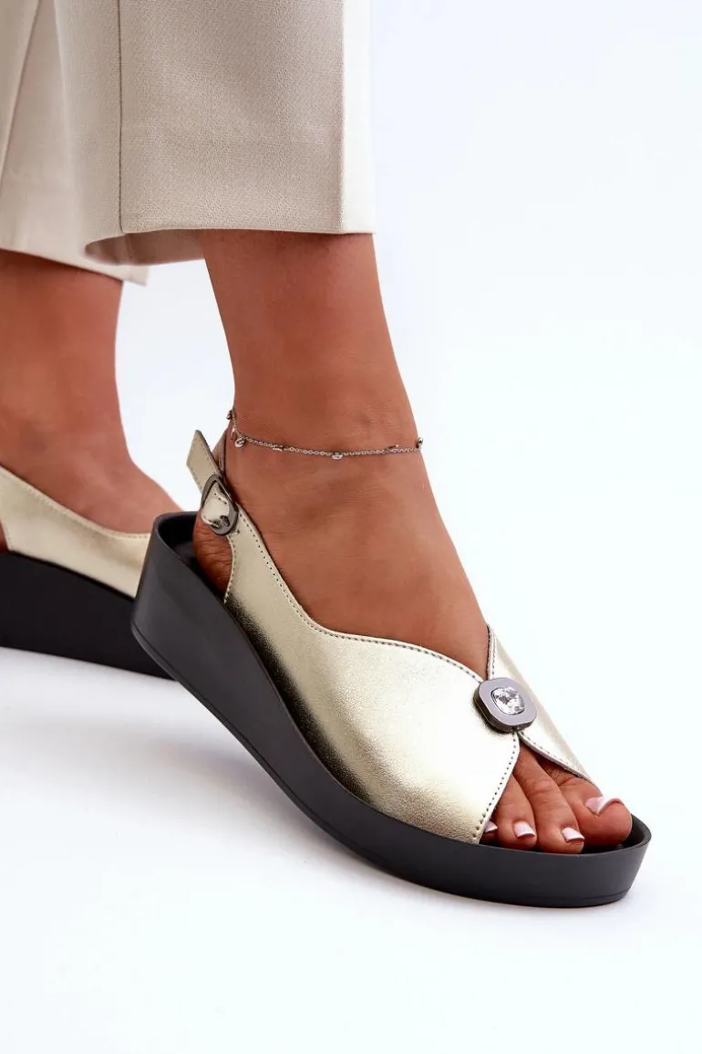 Skórzane Sandały Damskie Na Koturnie I Platformie S.Barski KV51-020 Złote