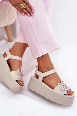 Skórzane Sandały Damskie Na Platformie CheBello 4701 Beżowe