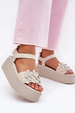 Skórzane Sandały Damskie Na Platformie CheBello 4701 Beżowe