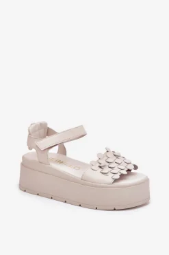 Skórzane Sandały Damskie Na Platformie CheBello 4701 Beżowe