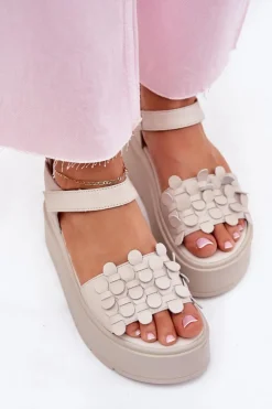 Skórzane Sandały Damskie Na Platformie CheBello 4701 Beżowe