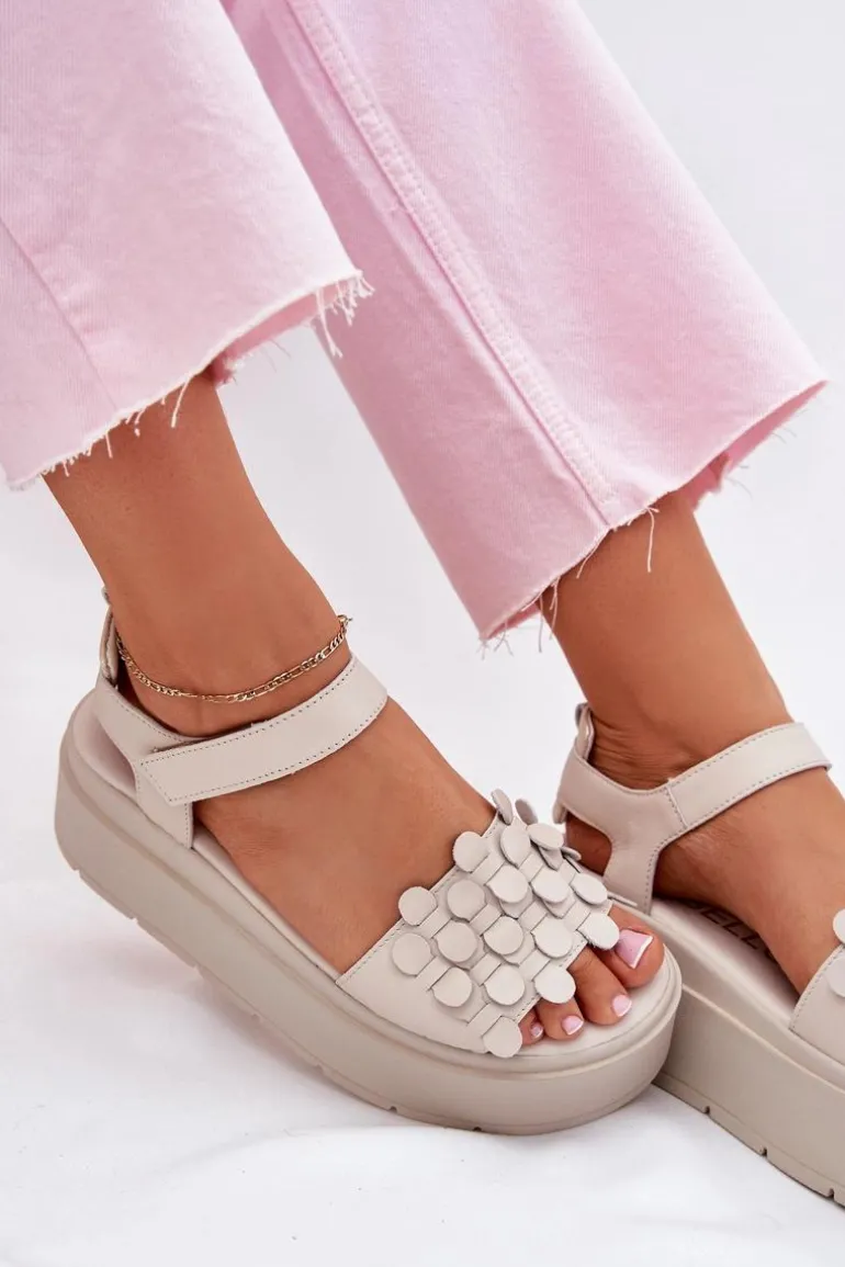 Skórzane Sandały Damskie Na Platformie CheBello 4701 Beżowe