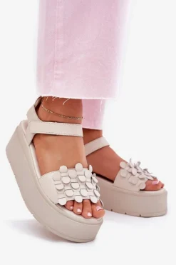 Skórzane Sandały Damskie Na Platformie CheBello 4701 Beżowe