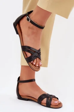 Skórzane Sandały Damskie Na Płaskim Obcasie Maciejka 07029-01 Czarne