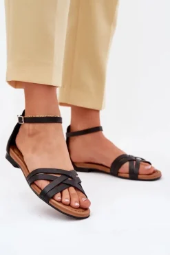 Skórzane Sandały Damskie Na Płaskim Obcasie Maciejka 07029-01 Czarne