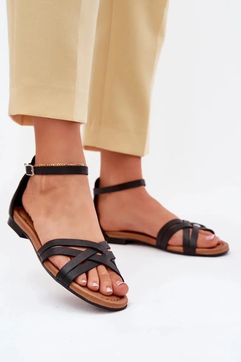 Skórzane Sandały Damskie Na Płaskim Obcasie Maciejka 07029-01 Czarne