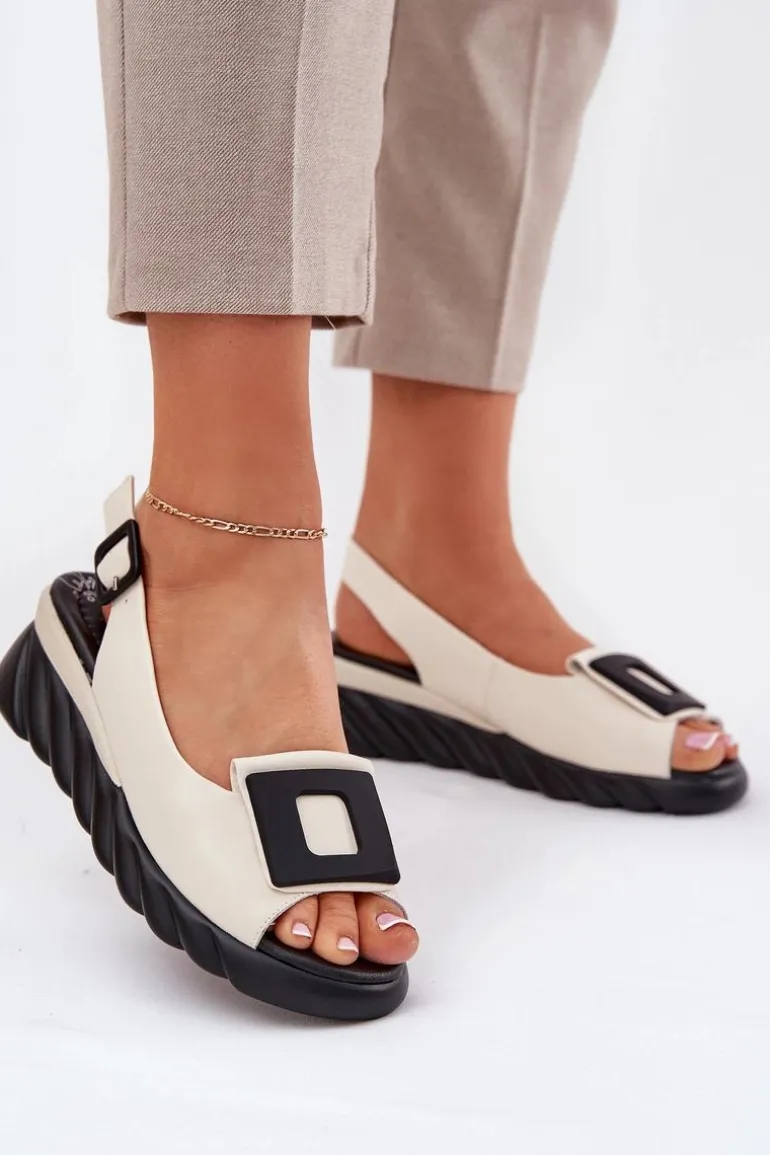 Skórzane Sandały Damskie Na Koturnie z Ozdobą Artiker 56C1570 Beżowe