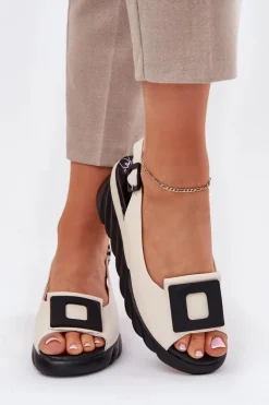 Skórzane Sandały Damskie Na Koturnie z Ozdobą Artiker 56C1570 Beżowe