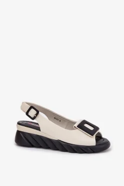 Skórzane Sandały Damskie Na Koturnie z Ozdobą Artiker 56C1570 Beżowe