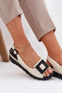 Skórzane Sandały Damskie Na Koturnie z Ozdobą Artiker 56C1570 Beżowe