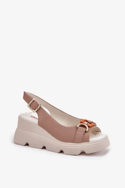 Skórzane Sandały Damskie Na Koturnie I Platformie Z Ozdobą Artiker 56C2208 Ciemnobeżowe