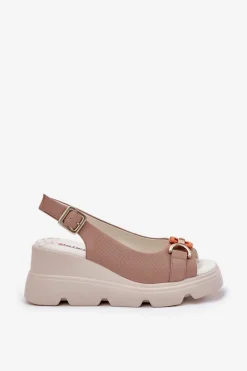 Skórzane Sandały Damskie Na Koturnie I Platformie Z Ozdobą Artiker 56C2208 Ciemnobeżowe