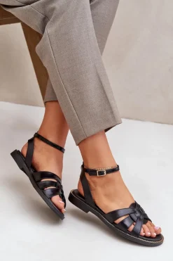 Skórzane Sandały Damskie Na Płaskim Obcasie Zazoo 3688 Czarne