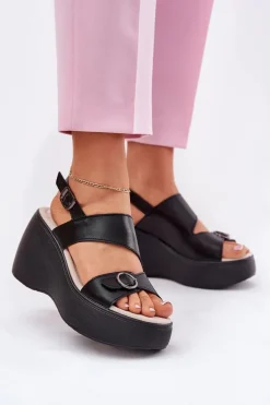 Skórzane Sandały Damskie Na Koturnie I Platformie S.Barski LR51-540 Czarne