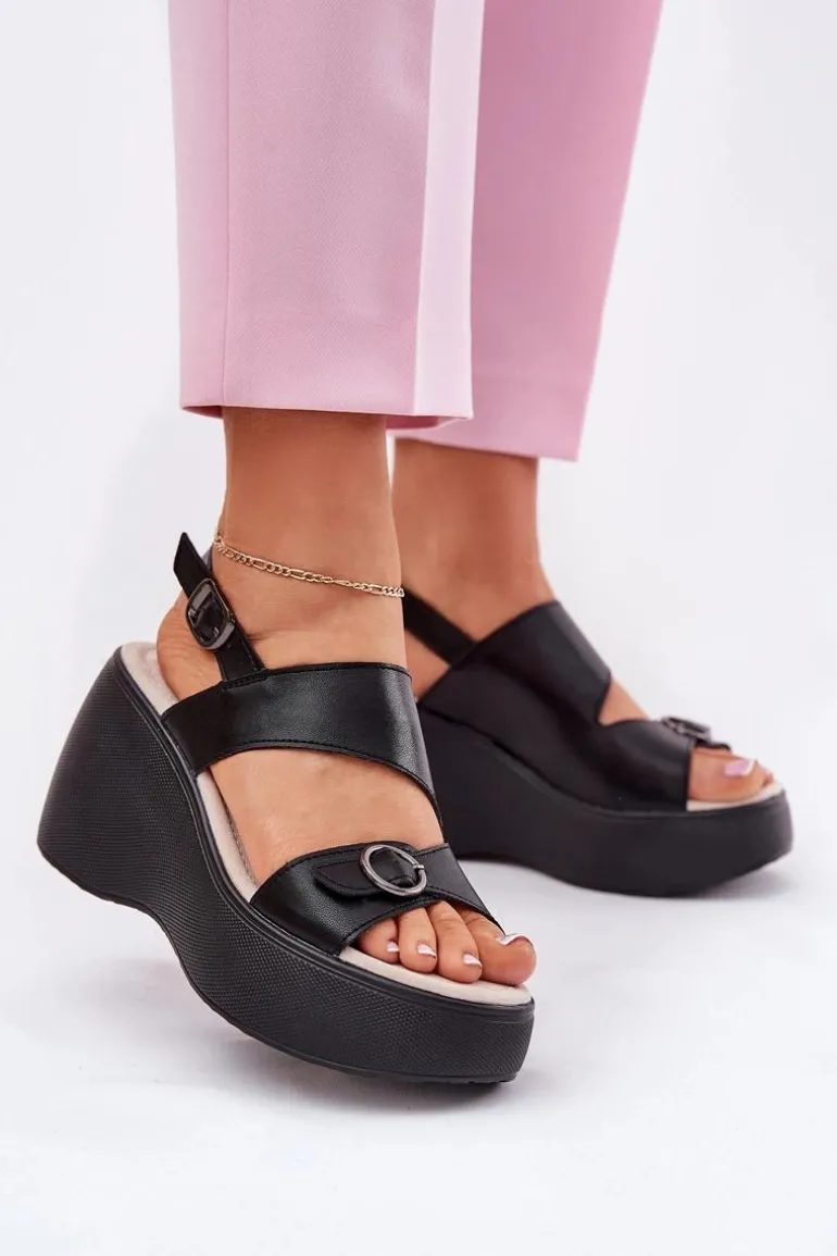 Skórzane Sandały Damskie Na Koturnie I Platformie S.Barski LR51-540 Czarne