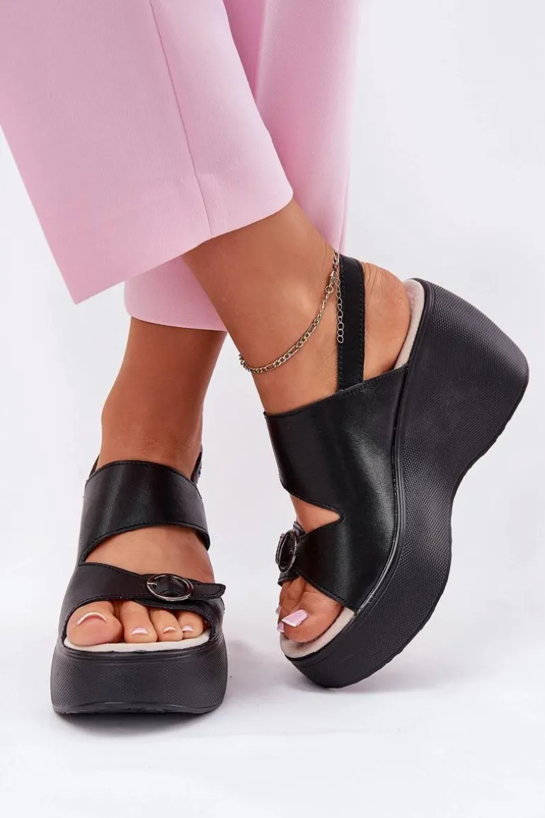 Skórzane Sandały Damskie Na Koturnie I Platformie S.Barski LR51-540 Czarne