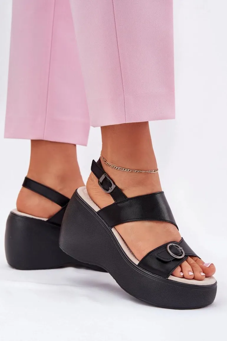 Skórzane Sandały Damskie Na Koturnie I Platformie S.Barski LR51-540 Czarne
