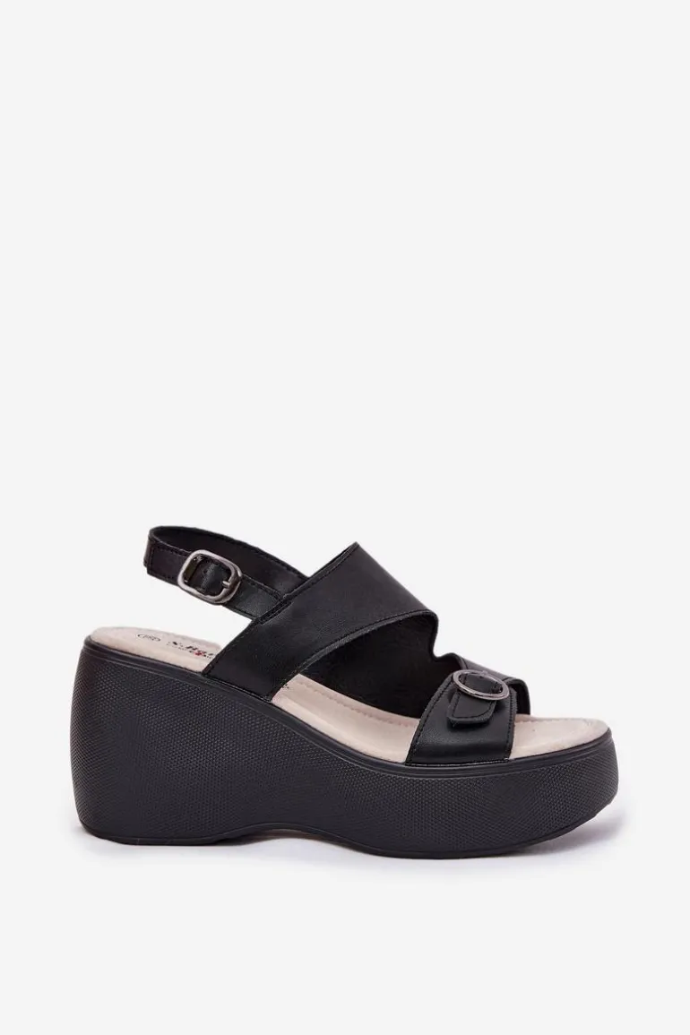 Skórzane Sandały Damskie Na Koturnie I Platformie S.Barski LR51-540 Czarne