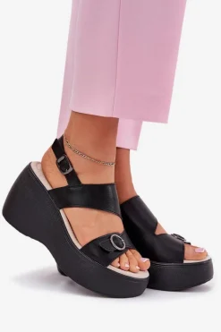 Skórzane Sandały Damskie Na Koturnie I Platformie S.Barski LR51-540 Czarne