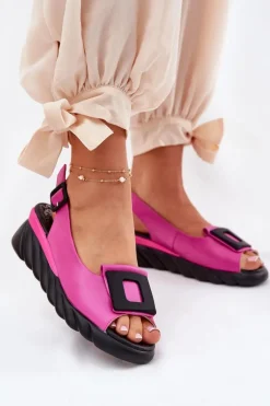 Skórzane Sandały Damskie Na Koturnie z Ozdobą Artiker 56C1571 Fuksja