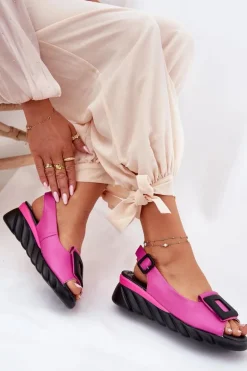 Skórzane Sandały Damskie Na Koturnie z Ozdobą Artiker 56C1571 Fuksja