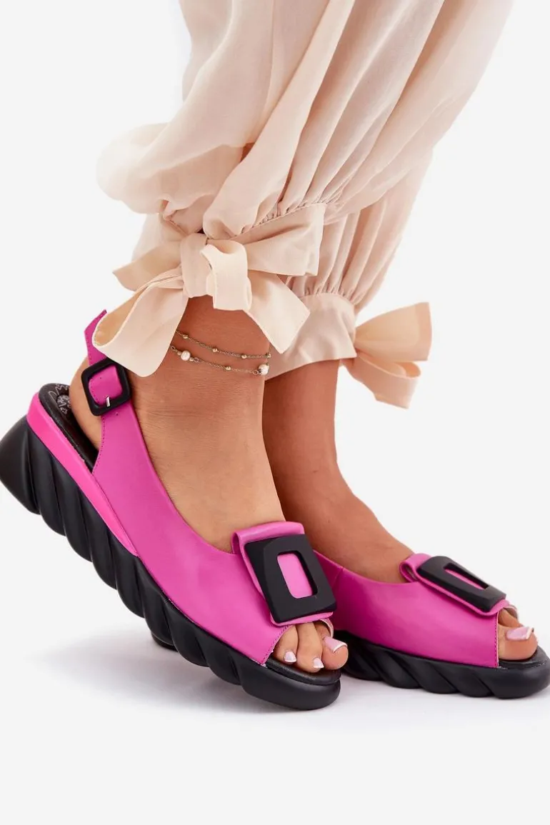 Skórzane Sandały Damskie Na Koturnie z Ozdobą Artiker 56C1571 Fuksja