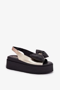 Skórzane Sandały Damskie Na Platformie Z Kokardą CheBello 4641 Złoto-Czarne