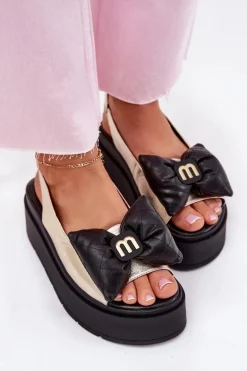 Skórzane Sandały Damskie Na Platformie Z Kokardą CheBello 4641 Złoto-Czarne