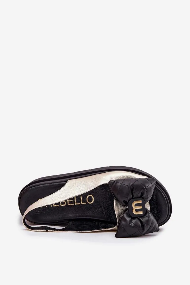 Skórzane Sandały Damskie Na Platformie Z Kokardą CheBello 4641 Złoto-Czarne