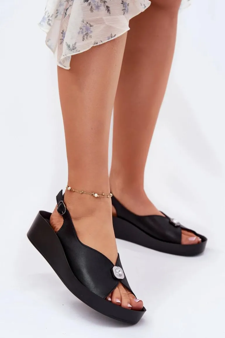 Skórzane Sandały Damskie Na Koturnie I Platformie S.Barski KV51-020 Czarne