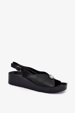 Skórzane Sandały Damskie Na Koturnie I Platformie S.Barski KV51-020 Czarne