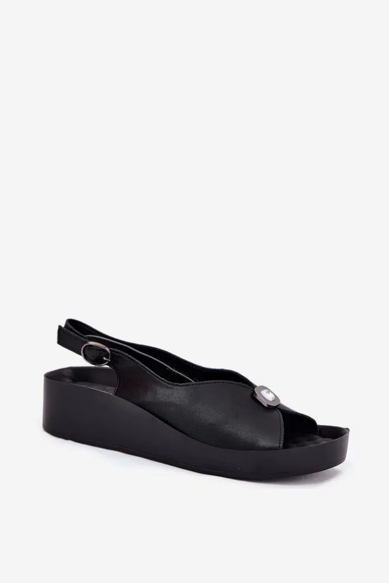 Skórzane Sandały Damskie Na Koturnie I Platformie S.Barski KV51-020 Czarne