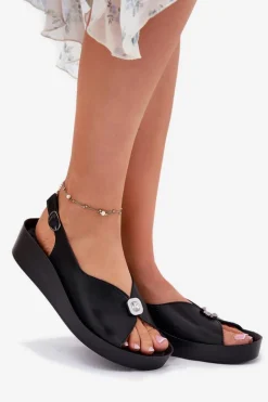 Skórzane Sandały Damskie Na Koturnie I Platformie S.Barski KV51-020 Czarne